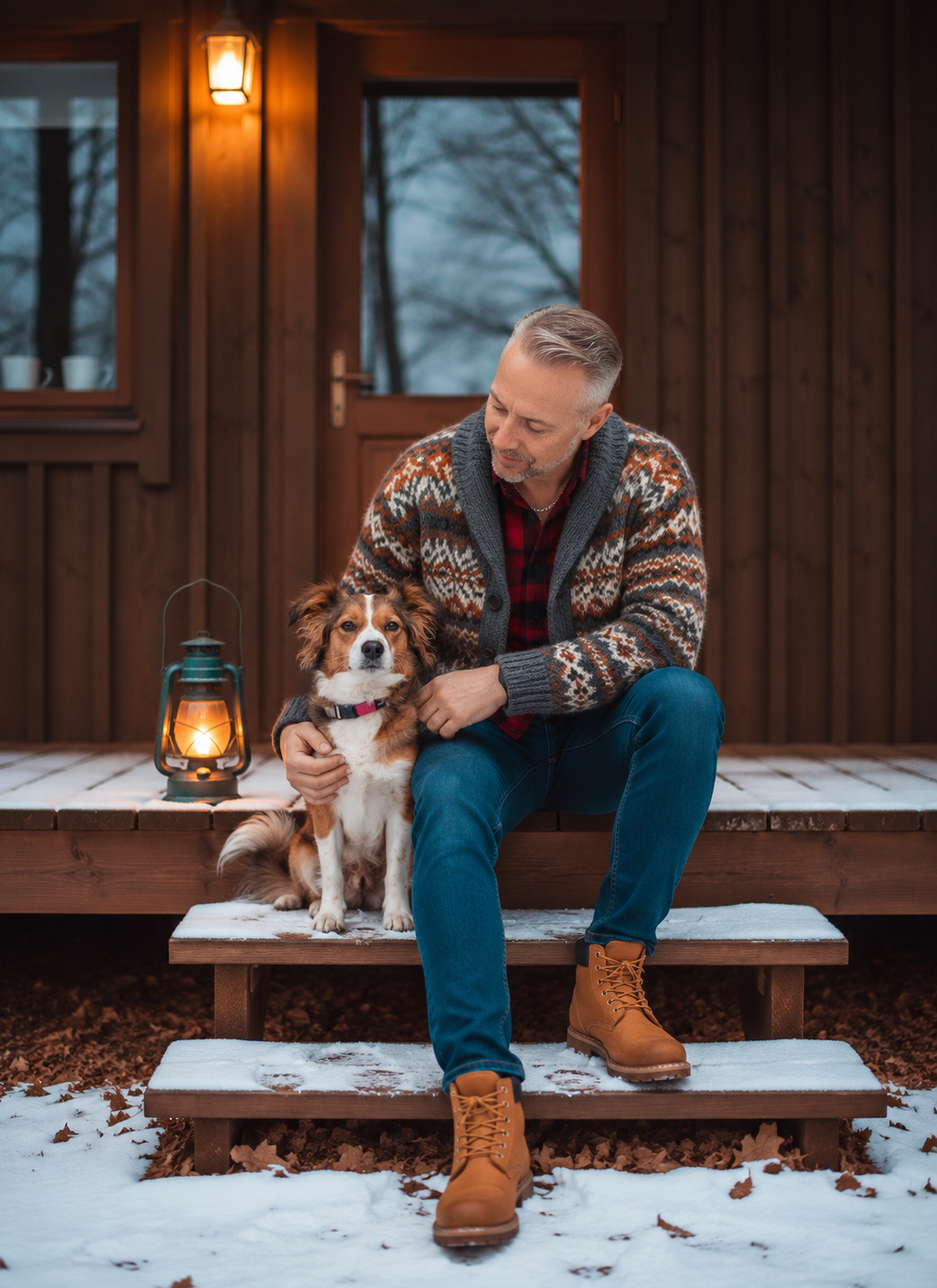 Lorenzo con il suo cane davanti a un rifugio in inverno